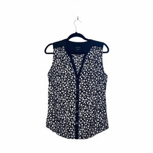 Ann Taylor Floral Print Blouse Tank Top Black White V-neck Medium Women’s